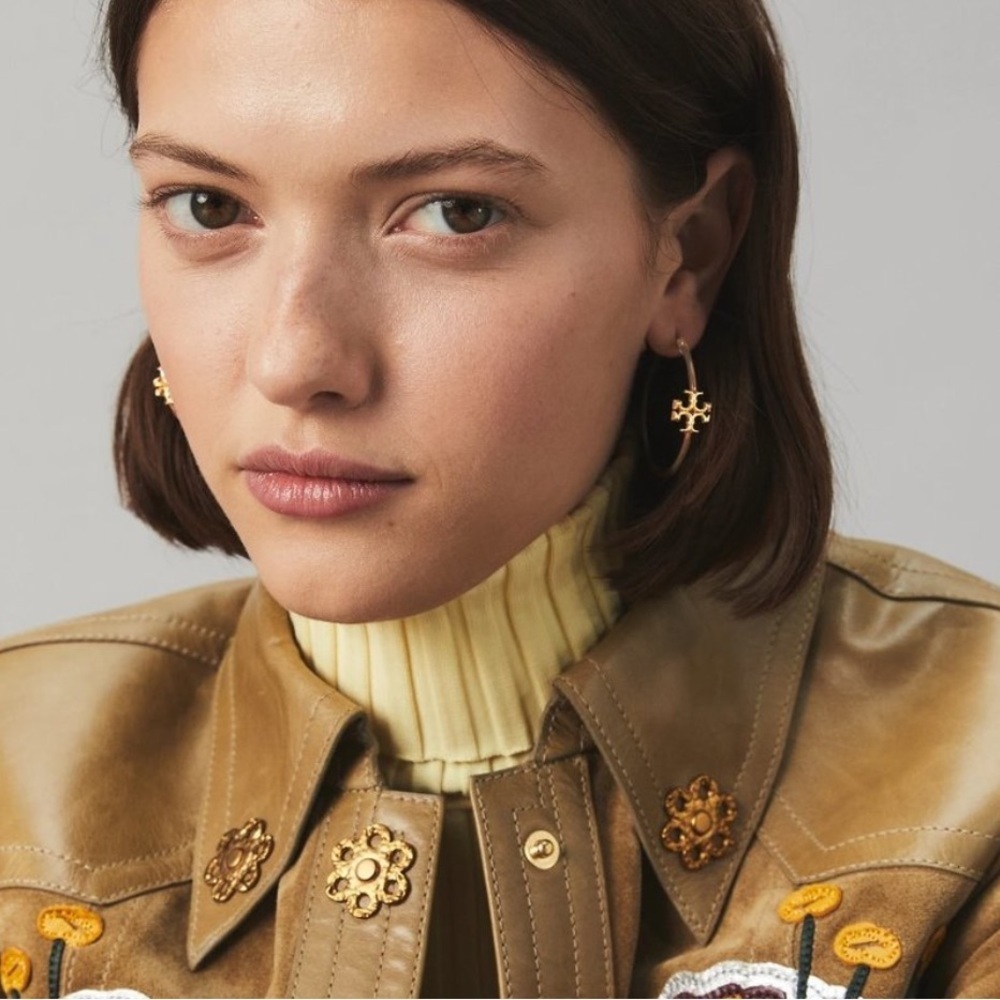 18K Gold plated Kira Tory Burch Red and Gold Hoop Earrings - Picture 3 of 7